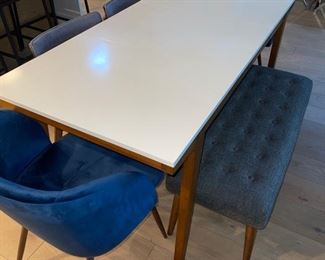 West Elm Dining Table with West Elm bench & 2 Grey Chairs