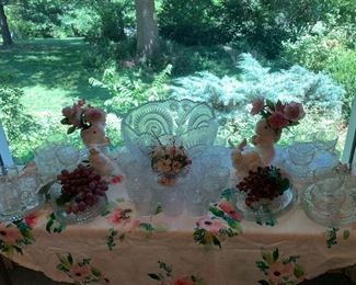 Depression glass punch bowl and sandwich sets