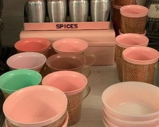 Super rare pink and brushed aluminum spice set by Kromex, pink milk glass bowls and melamine / raffiaware cups, glasses and bowls. 