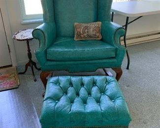 Turquoise pleather wingback with matching tufted ottoman 