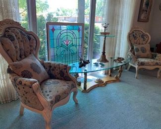 Carlton Mc Lendon Victorian wingback chairs, glass and giltwood tables