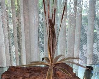 Driftwood copper and brass cat tail sculpture