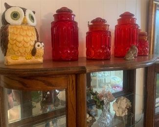 owl cookie jar and red decanter set
