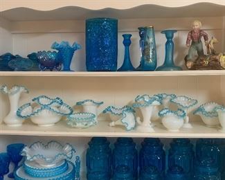 blue glass canister set, candlesticks and Fenton compotes
