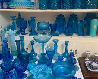 blue Fenton vases, bowls, canisters, tableware
