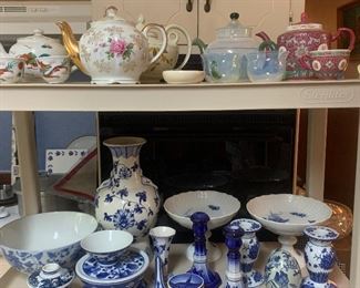 teapots and blue/white decor