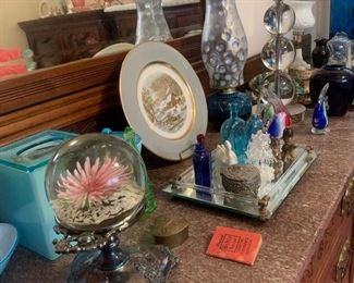 antique perfume bottles and glass figurines