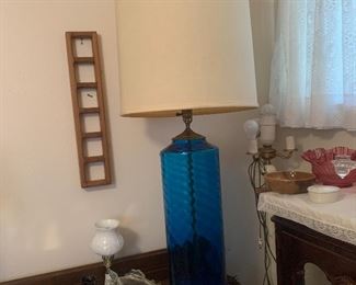 Mid century modern Danish(?) deep blue glass lamp, approx. 34" tall