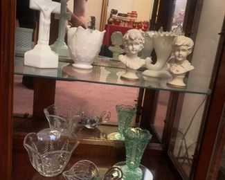 Milk glass crucifix, busts, bowls
