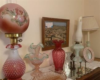 rose colored, hobnail hurricane lantern lamp, plus rose colored Fenton