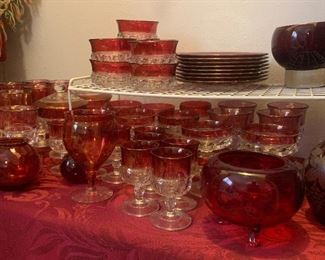 Kings Crown thumb print stemmed goblets, Indiana glass ruby red