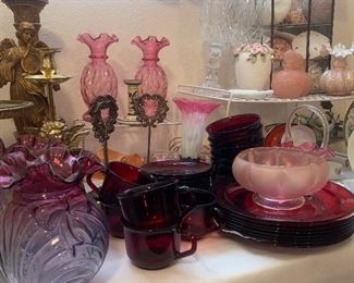 ruby red dinner ware plates cups, rose colored Fenton vases