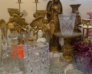 clear Fostoria table ware and gold toned candle sticks