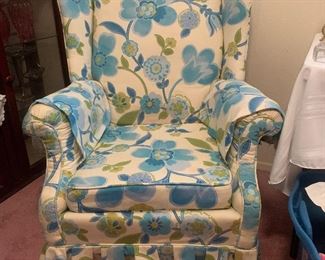 funky blue and green floral upholstered and skirted occasional chair