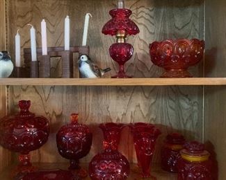 ruby red Fostoria glass canisters, candy jars, compotes