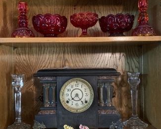 ruby red glass and Seth Thomas mantle clock