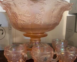 Rose colored Fenton punch bowl set