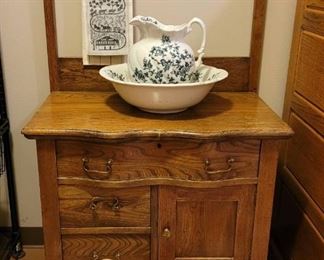 Antique Victorian Oak Washstand Dresser Chest w/ Towel Bar. Includes Porcelain Wash Basin, Pitcher and Towel.