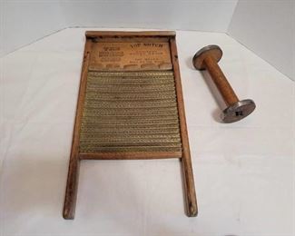 Antique National Washboard No. 801 and Vintage Wooden Spool