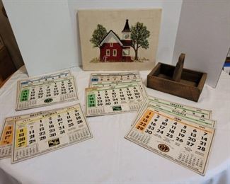 1939 to 1942 Cardboard Calendars with Adages on Back, Unframed Needlework and Wood Handled Box