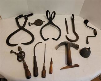 Vintage Tools: Ice Block Tongs, Hand Operated Drill, Adz, Griswold Reversible Steel Spindle, Cast Iron Pencil Sharpener