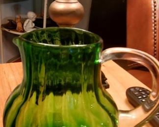 Vintage emerald green pitcher with clear glass handle
