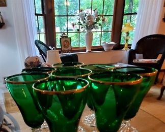 1940's Anchor Hocking gold rimmed, inspiration green, Burple juice glasses. Set of 8.