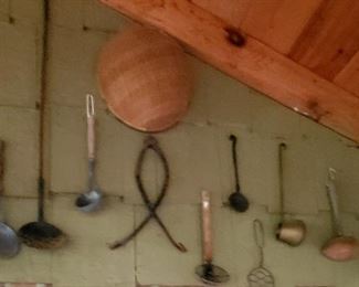 Antique and vintage ladles, dippers, tools, baskets and kitchen items