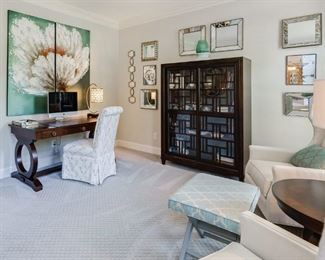 Wingback Chairs w/ Nailhead Trim
Ottoman
Writing Desk
Custom Desk Chair
Mirror Grouping
Art 2 Panel Canvas
Bunching Bookcase
Desk Lamp
Round Table