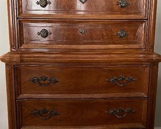 Master Bedroom: Lexington Chateau Latour Series 9-Drawer Triple Dresser w Mirror, Highboy, 2 Nightstands, King Headboard, Table Lamps pr