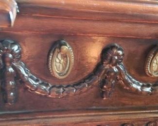 Gorgeous Carved Partners Desk with Leather top inserts. Measures: 79"W x 41"D x 31"H Has some damage on one of the doors and another area. Asking $4995 obo Have matching Credenza Ex condition Measures 80"W x 18.5"D x 35.5"H Asking $4995 obo Both pieces $9500 obo