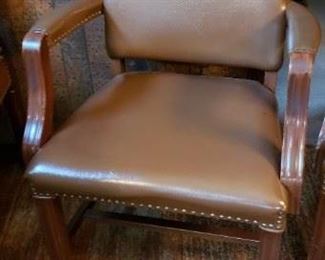 (2) Vintage Brown Naugahyde/Leather Padded Studded Wood Frame Guest Armchairs $375 Each $695 for Pair