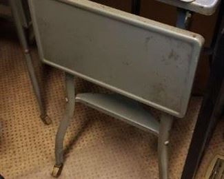 (2) Vintage MCM Gray Metal Drop Down Typing Tables on wheels $65 ea,