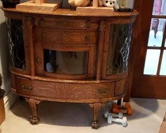 'Antique Burled Oak Curved Glass Cabinet with MIrror 46,5"W x 18.5"D x 40"H plus mirror $1295