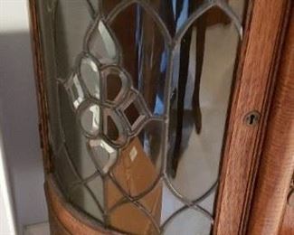 Antique Burled Oak Curved Glass Cabinet with MIrror 46,5"W x 18.5"D x 40"H plus mirror $1295