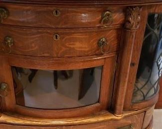 Antique Burled Oak Curved Glass Cabinet with MIrror 46,5"W x 18.5"D x 40"H plus mirror $1295