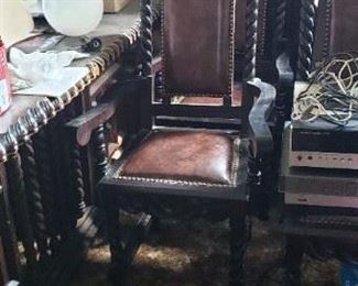(8) Gothic Medieval Ornate Carved Dark Wood Padded Seat & Back Dining Room Chairs (2 Arm & 6 Side) Ex Condition( Just may need some cleaning & tightening of bolts or add support brackets) $1995 for all 8