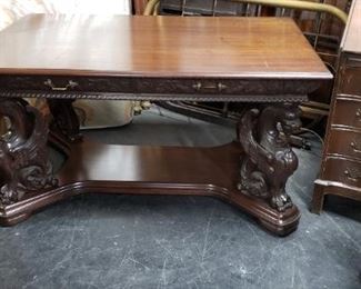 Ornate Carve Griffin Base Mahogany Partners Table EX Cond. 55"W x 37"H x 28.5"D $2995 obo