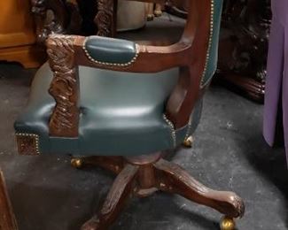 Antique Ornate Carved Studded Tufted Green Leather/Naugahyde Office Chair on Wheels $995 