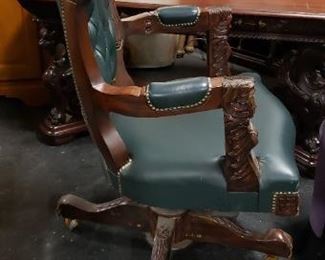Antique Ornate Carved Studded Tufted Green Leather/Naugahyde Office Chair on Wheels $995 