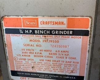 Craftsman 3/4 H.P. Bench Grinder, Model 397.19350
