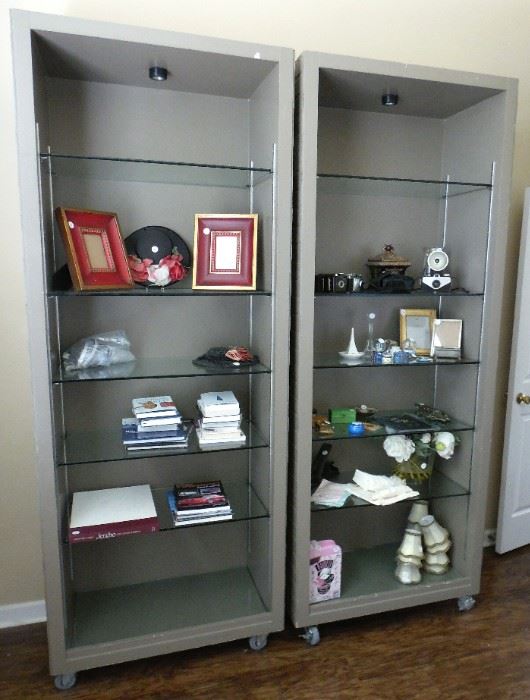 2 Rolling Tall Bookcases With Tempered Glass Shelves