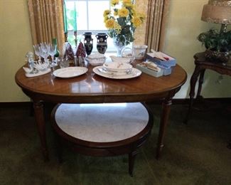 Lovely dining room set includes leaf, china cabinet and four chairs, marble top coffee table, china set/dishes in cabinet