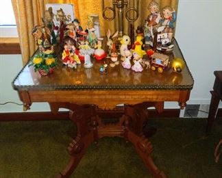 Vintage figurines, solid walnut Eastlake style table