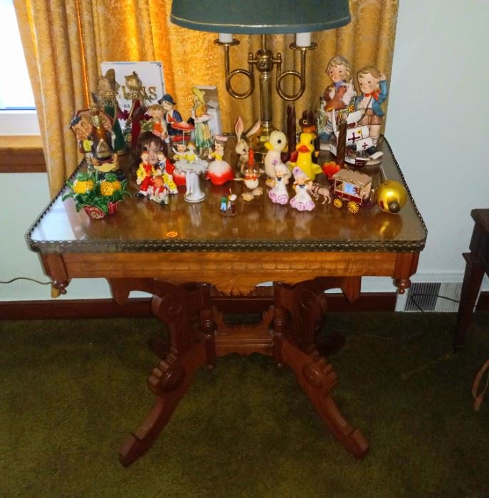 Vintage figurines, solid walnut Eastlake style table