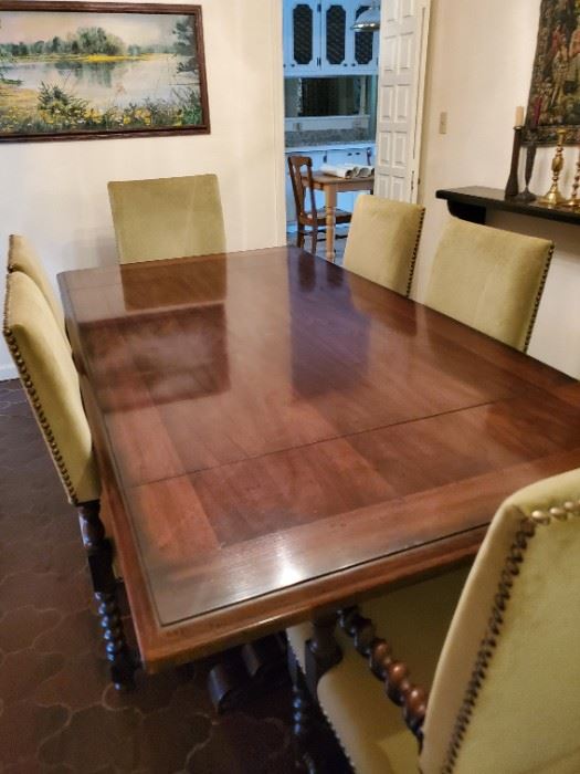 Beautiful Pedestal Table  - Six Spanish, upholstered chairs sold separately.