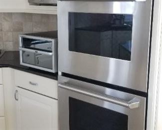 Thermador double wall oven; Magic Chef microwave oven; countertop 8-bottle wine fridge