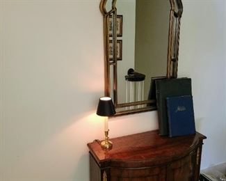 Entryway table, mirror, stamps