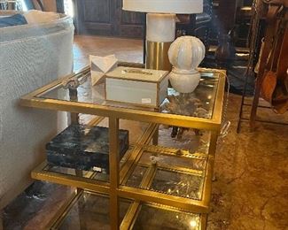 Williams-Sonoma home side table (2 available), marble and gold lamps