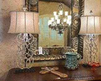 Pair of large lamps, large mirror, painted cabinet piece